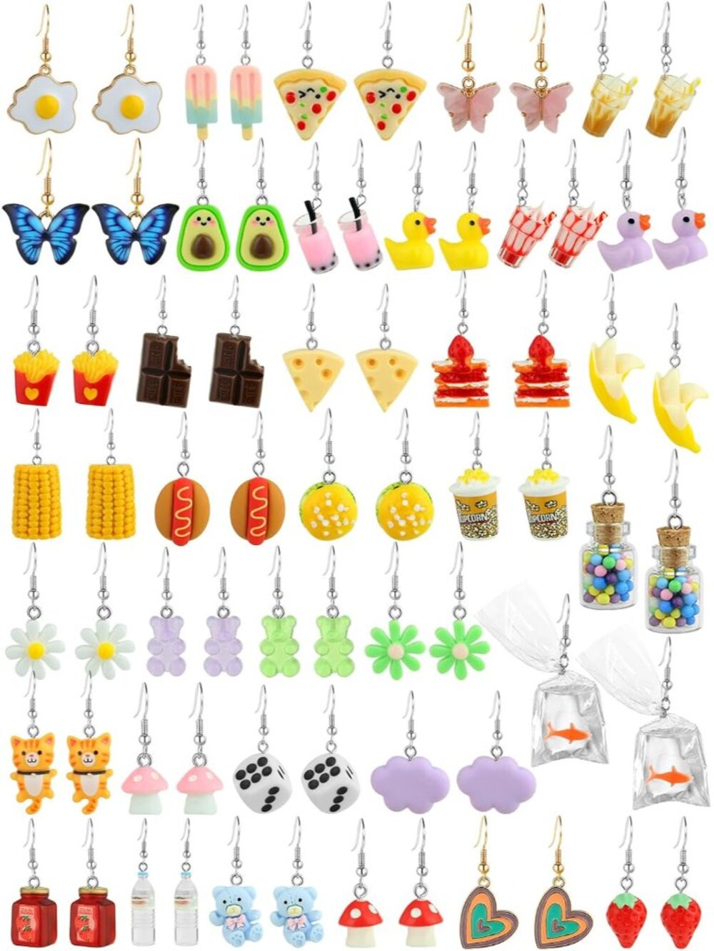 36 Pairs Weird Cute Earrings Fun Cool Mushroom Bear Flower Cat Funky Aesthetic D
